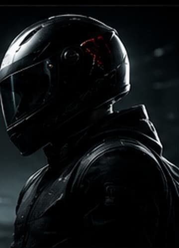 Concept art: a driver in a black full-face helmet, seen from behind and to the side, face not visible.