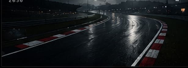Concept art: a wet European race circuit at night under floodlights.
