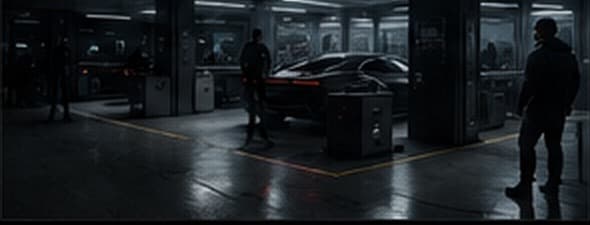 Concept art: a dark pit garage, the car under work, crew silhouettes around it.