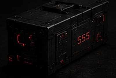 Concept art: a sealed black transport case with red indicator markings, contents unknown.