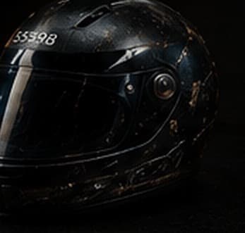 Concept art: a worn black helmet marked 55598, photographed close, in near darkness.