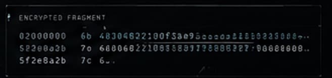 Concept art: a panel of encrypted hexadecimal data labelled ENCRYPTED FRAGMENT.