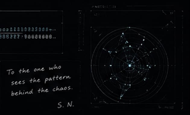 Concept art: a handwritten note reading 'To the one who sees the pattern behind the chaos. S. N.' beside a radial diagram.