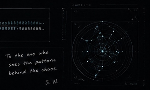 Concept art: a handwritten note reading 'To the one who sees the pattern behind the chaos. S. N.' beside a radial diagram.
